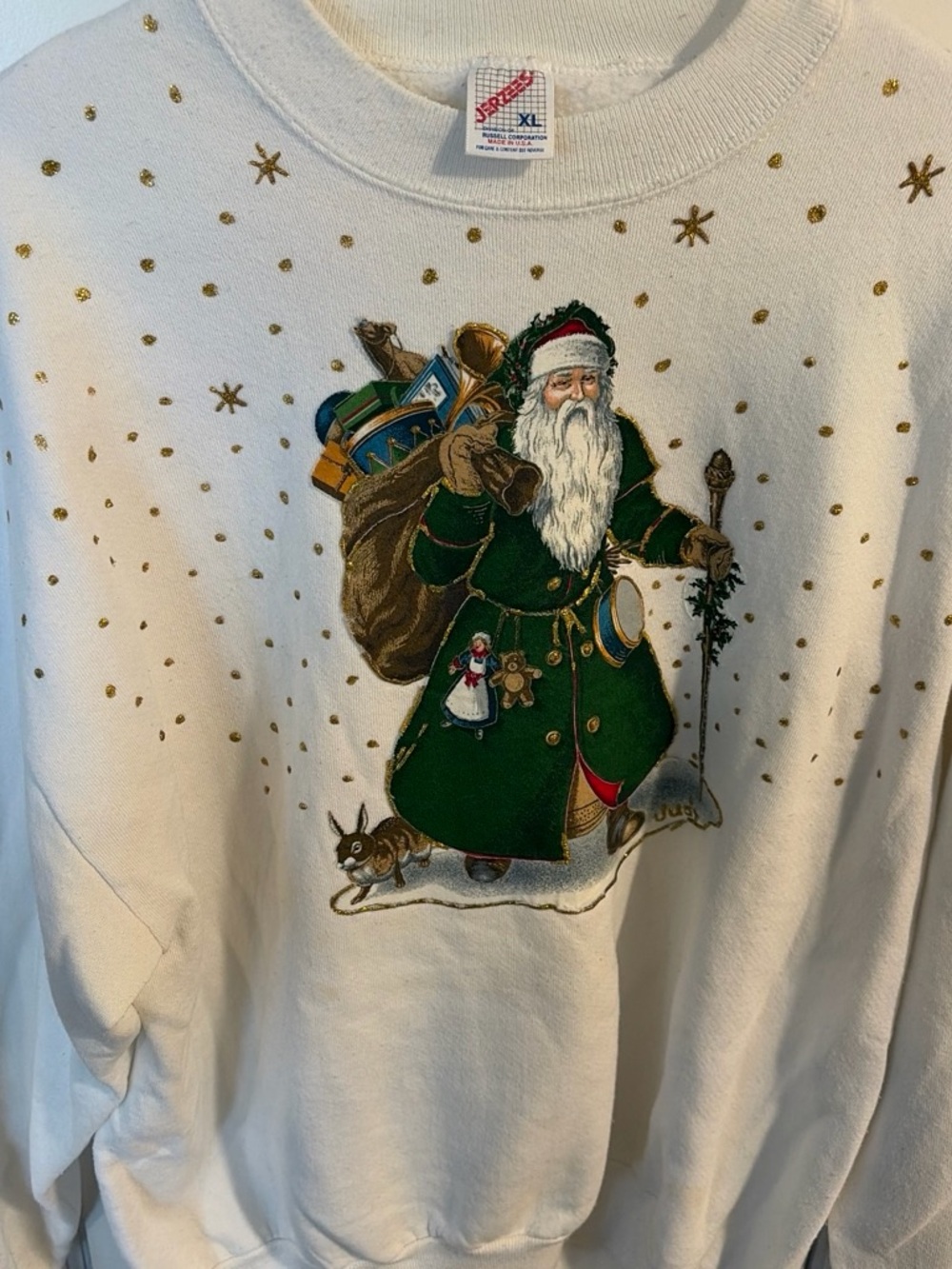 Jerzees White Crewneck Sweater with Green Santa and Gold Star Accents